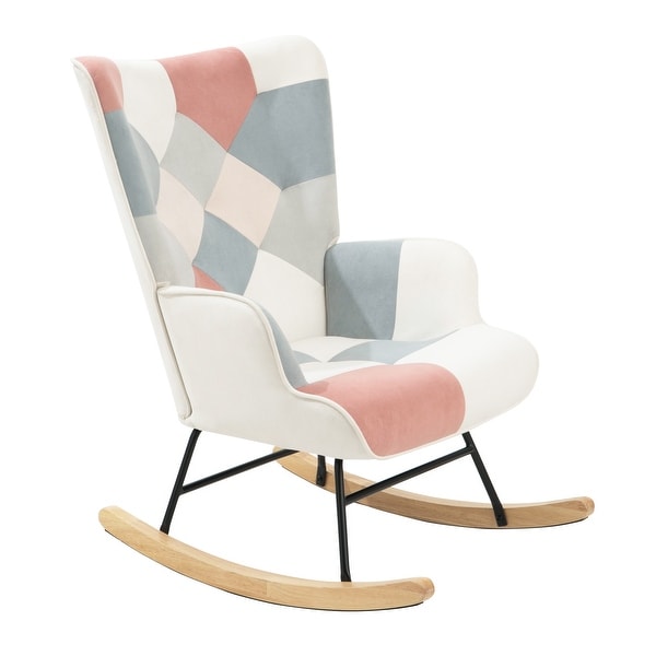 Fabric Rocker Chair with Wood Legs and Patchwork Linen