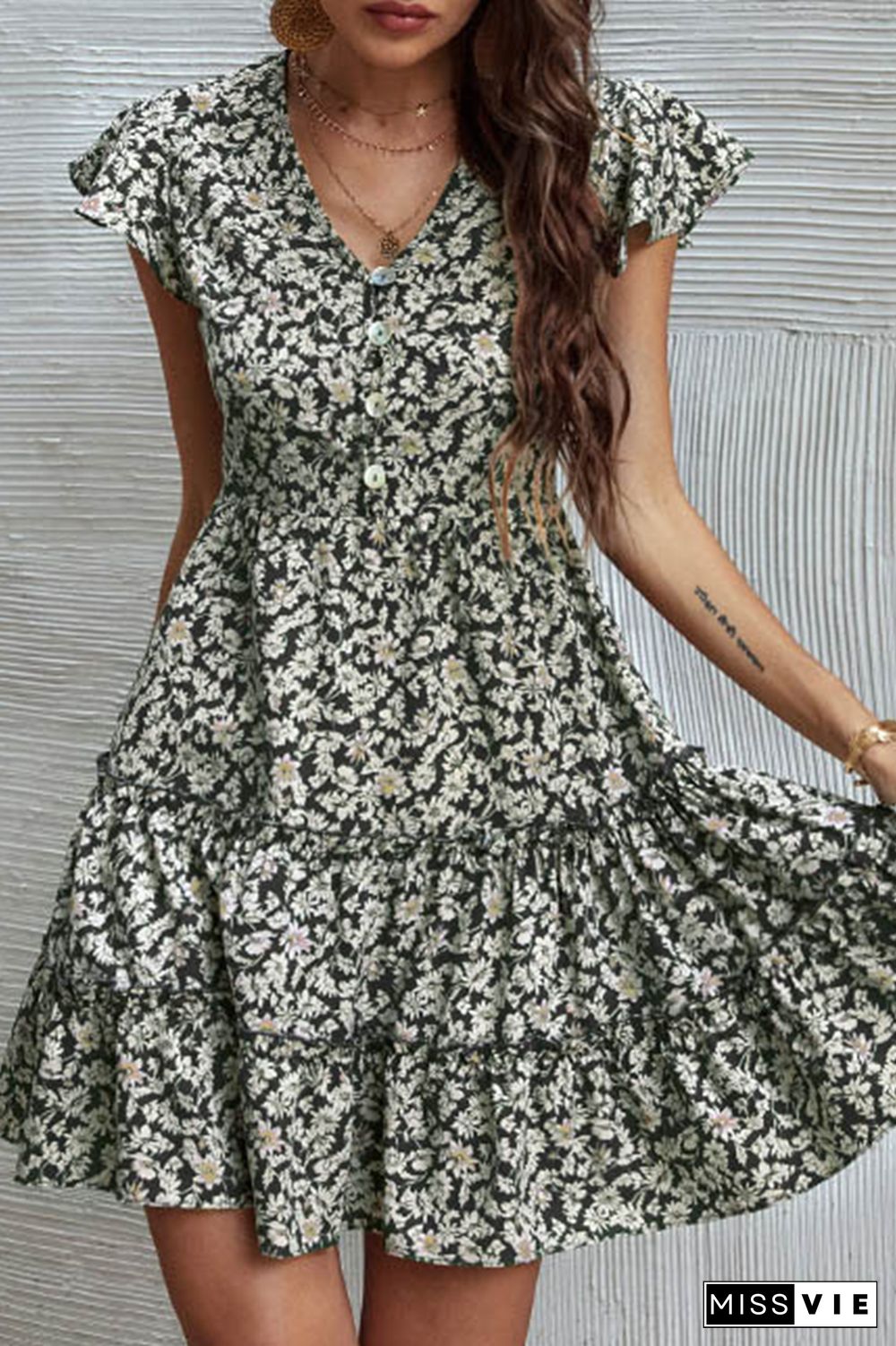 Fashion Elegant Floral Buckle Flounce V Neck A Line Dresses