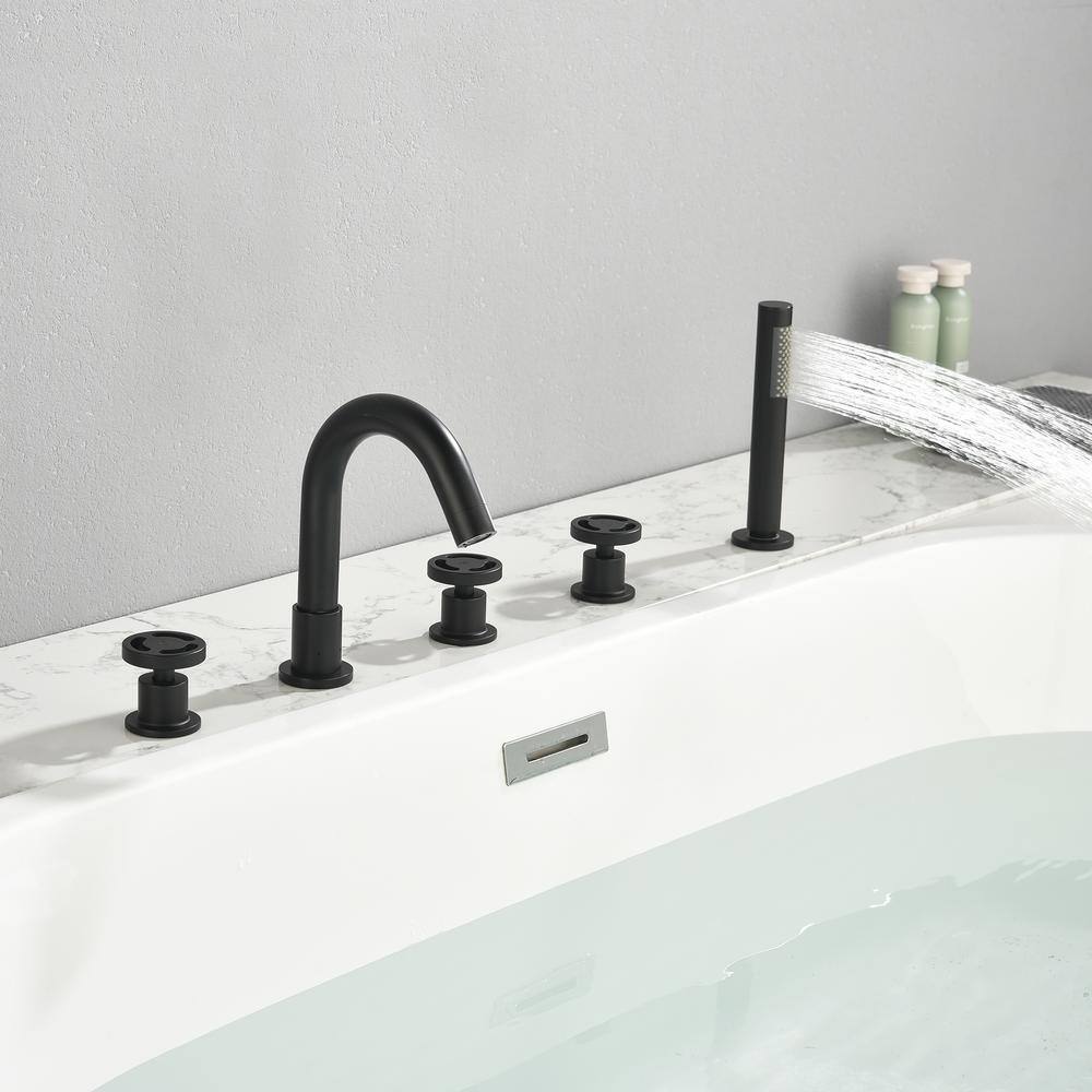 WELLFOR 3-Handle Deck-Mount Roman Tub Faucet with Hand Shower in Matte Black WK0504