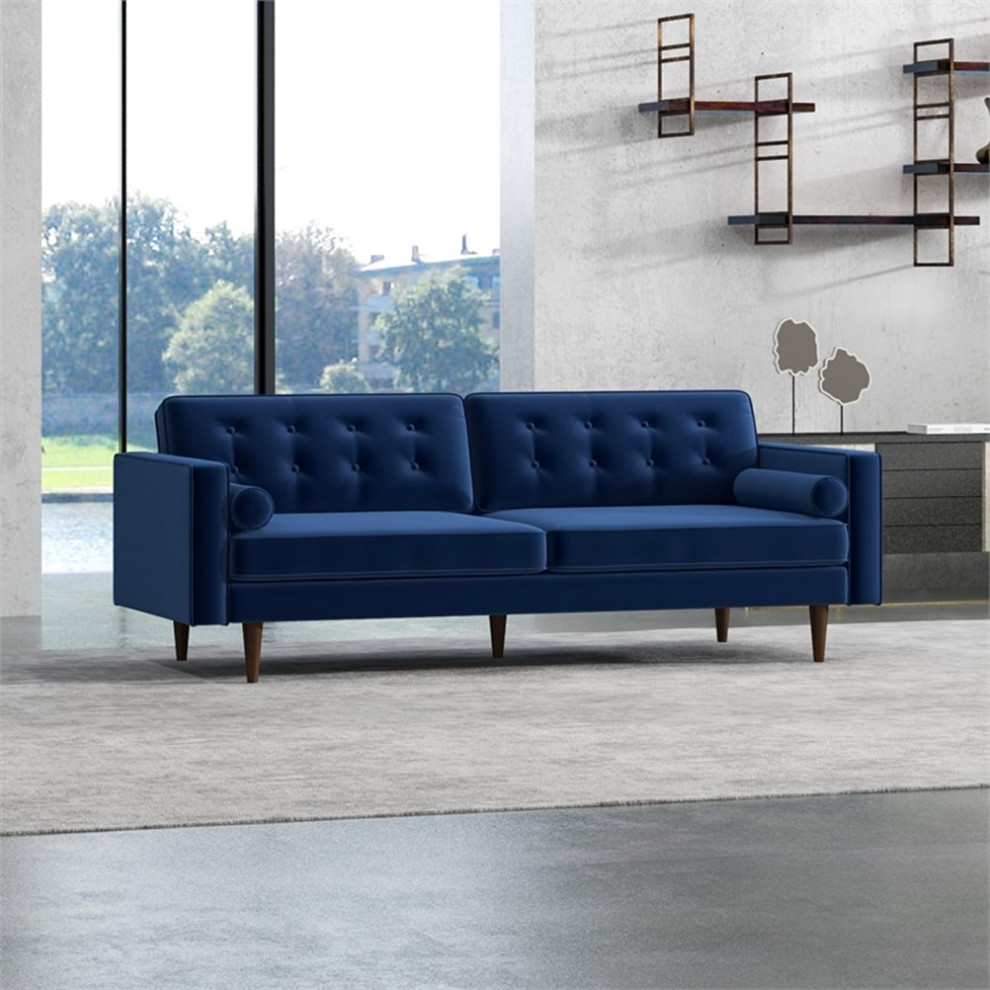 Canton Mid Century Tufted Back Velvet Upholstered Sofa in Blue   Midcentury   Sofas   by Homesquare  Houzz