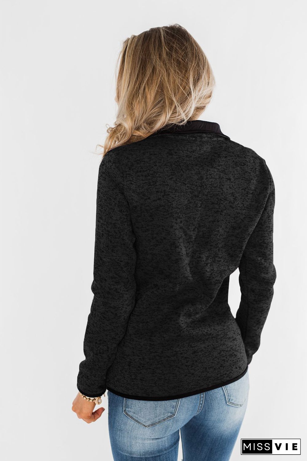 Black Heathered Turn-down Collar Pullover Sweatshirt