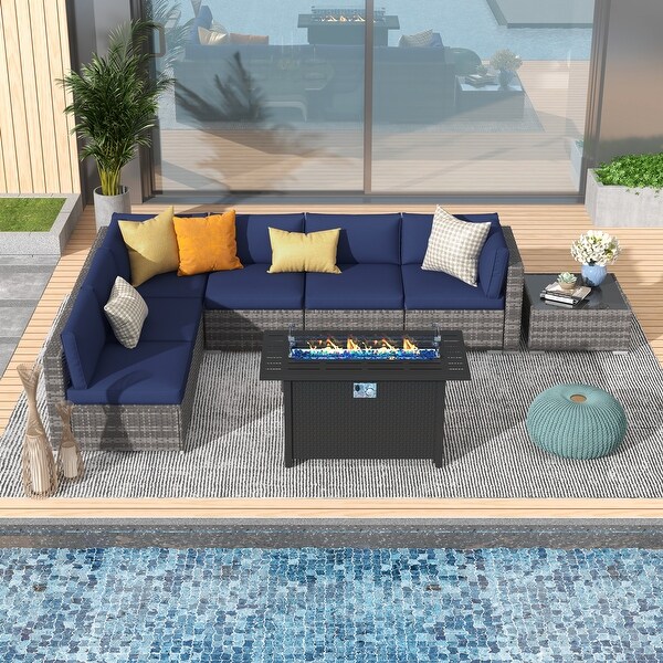 Grey 8Piece Wicker Patio Furniture Set Navy Blue Cushions with Black 45” 50000 BTU Propane Fire Pit Table