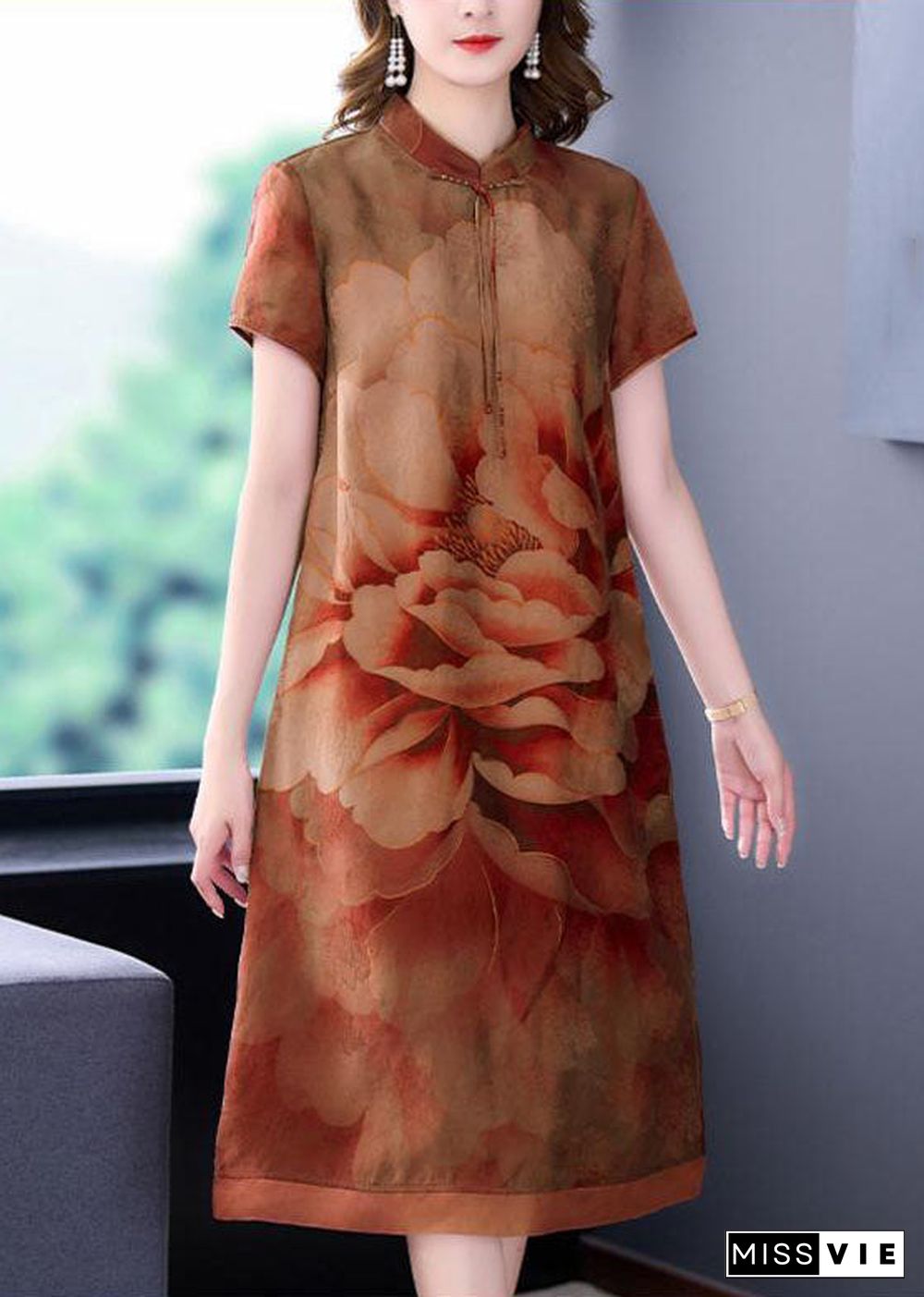 Yellow Print Patchwork Silk Dresses Stand Collar Summer