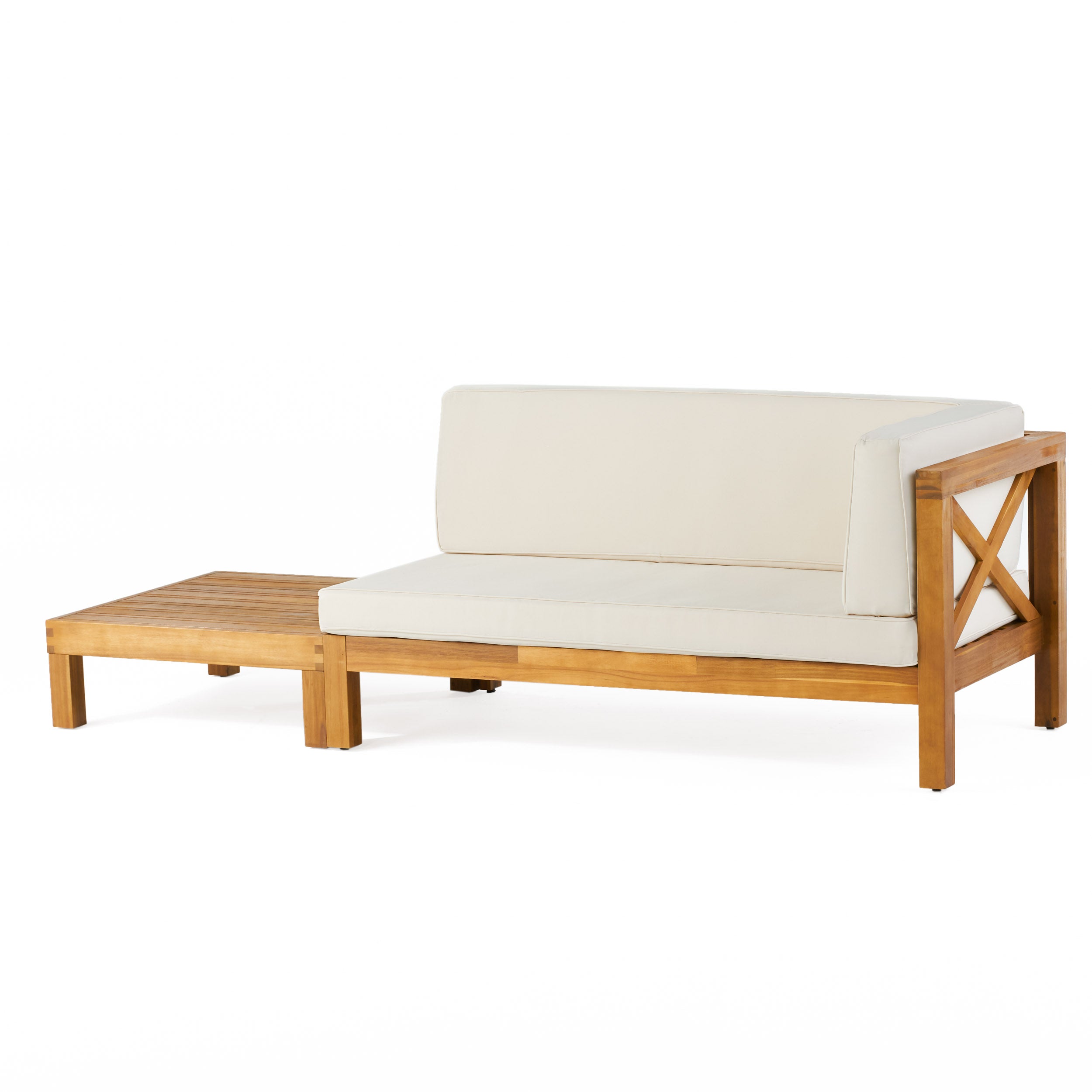 Keith Outdoor Acacia Wood Right Arm Loveseat and Coffee Table Set with Cushion