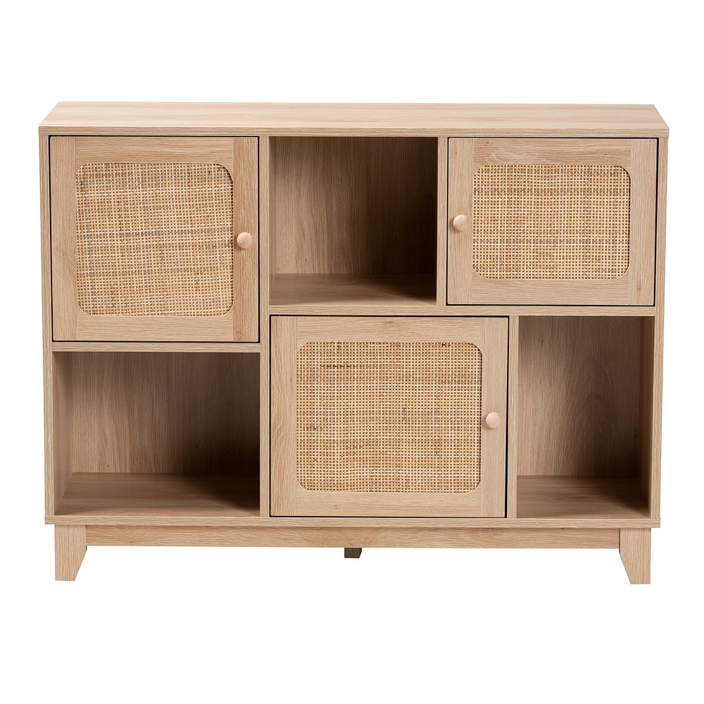 Elsbeth Mid Century Modern Light Brown Finished Wood and Natural Rattan 3 Door Sideboard