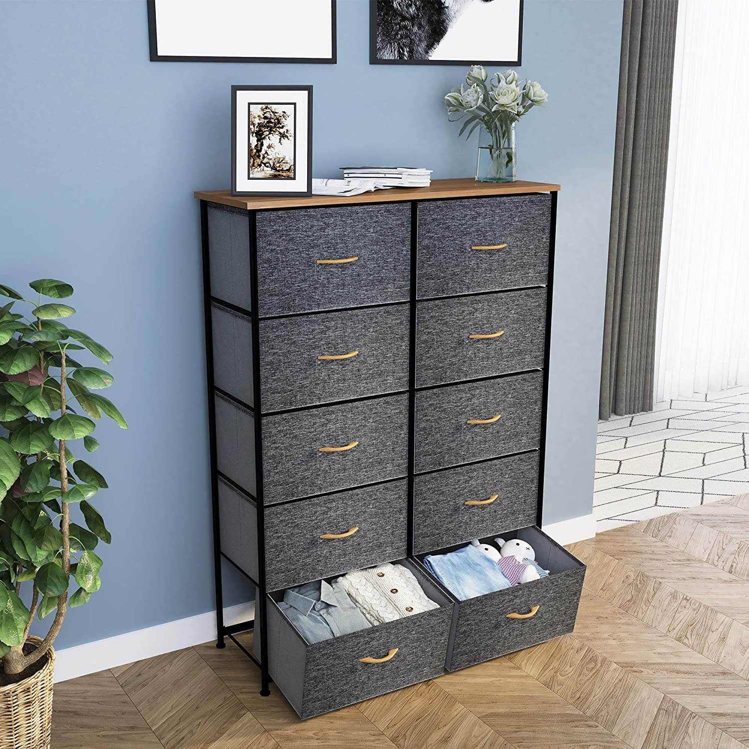 YITAHOME 10 Drawers Dresser Fabric Bedside Organizer Storage Tower Chest for Bedroom, Dark Grey