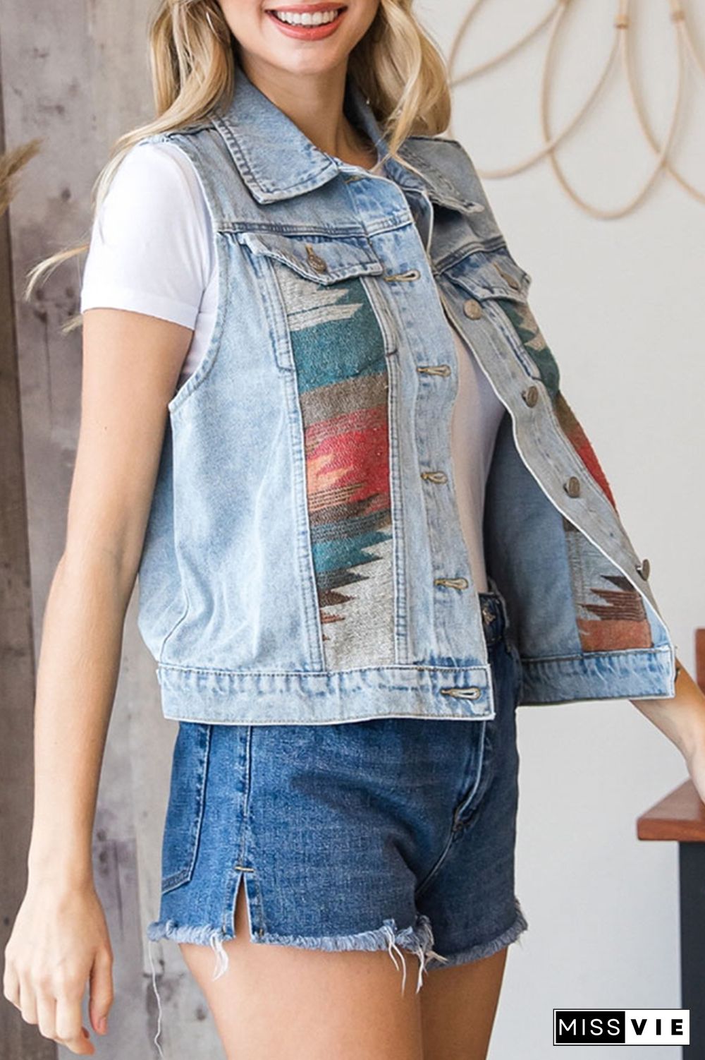 Aztec Print Patchwork Sleeveless Denim Jacket Wholesale