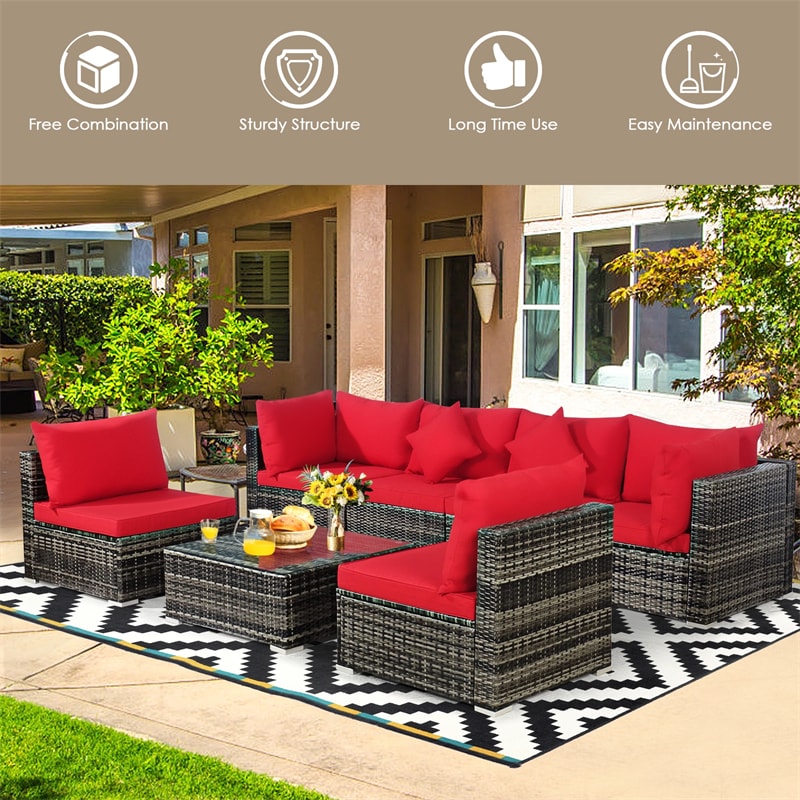 7 Pcs Rattan Patio Sectional Couch Set Outdoor Wicker Furniture Set with Cushions & Coffee Table