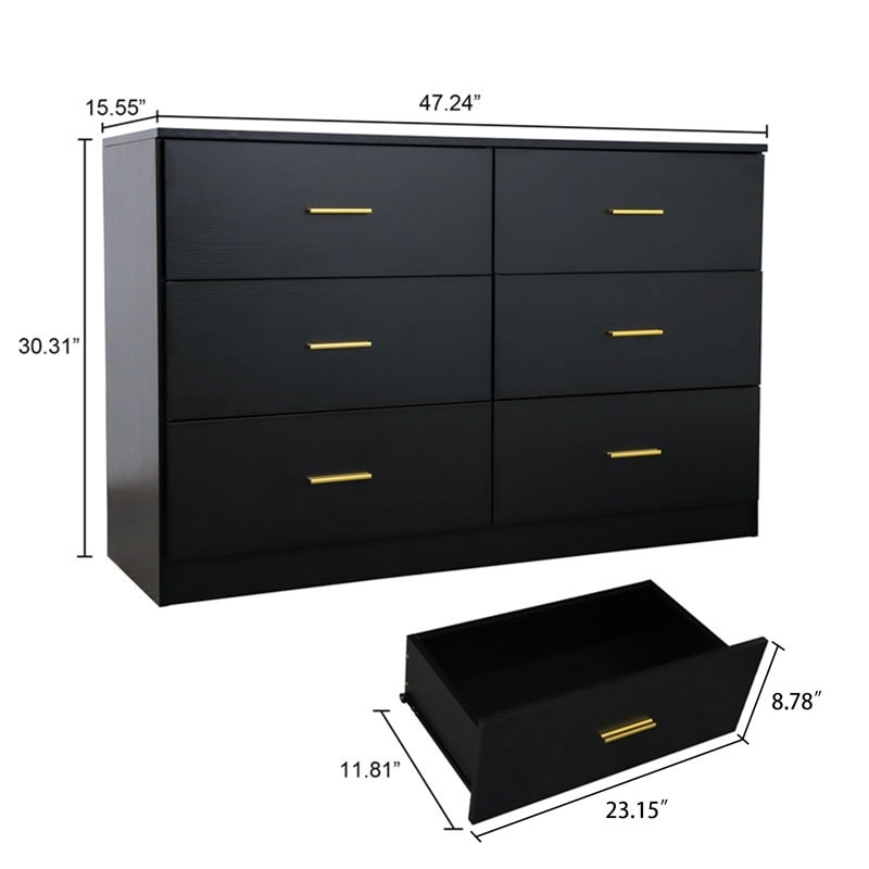 Modern Black 6 Drawer Dresser for Bedroom