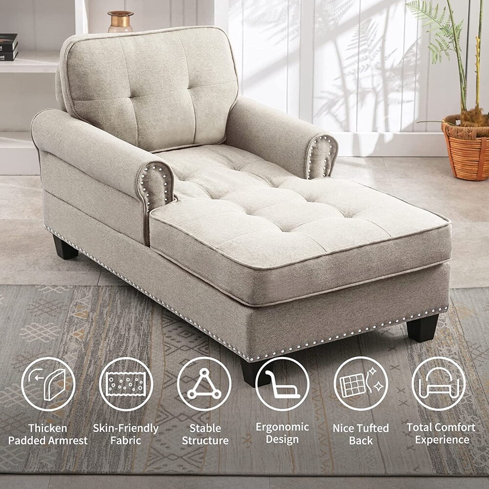 Mixoy Tufted Linen Chaise Lounge Chair with Armrests  Modern Mid Century Chaise Lounge Sofa Couch  Rivet Sleeper Sofa Chair