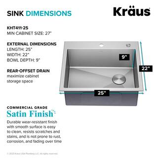 KRAUS Loften Stainless Steel 25 in. 1-Hole Single Bowl Drop-in  Undermount Kitchen Sink with Accessories KHT411-25