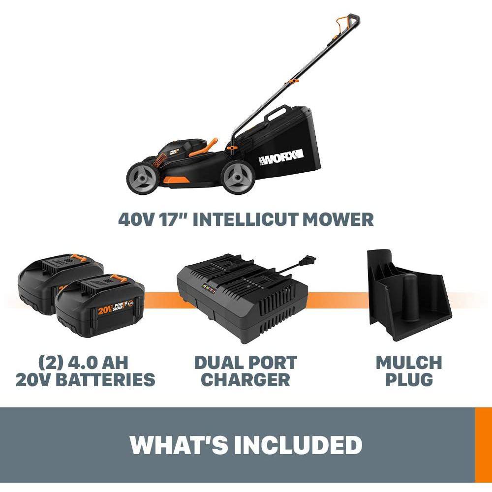 Worx POWER SHARE 40-Volt 17 in. Cordless Battery Walk Behind Mower with Mulching  Intellicut (Battery  Charger Included) WG743