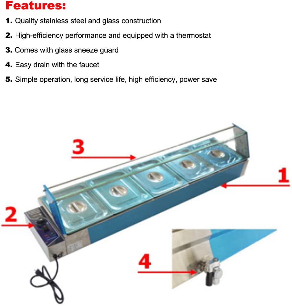 INTSUPERMAI Food Warmer Buffet Heater 5 Pans with Glass Shield