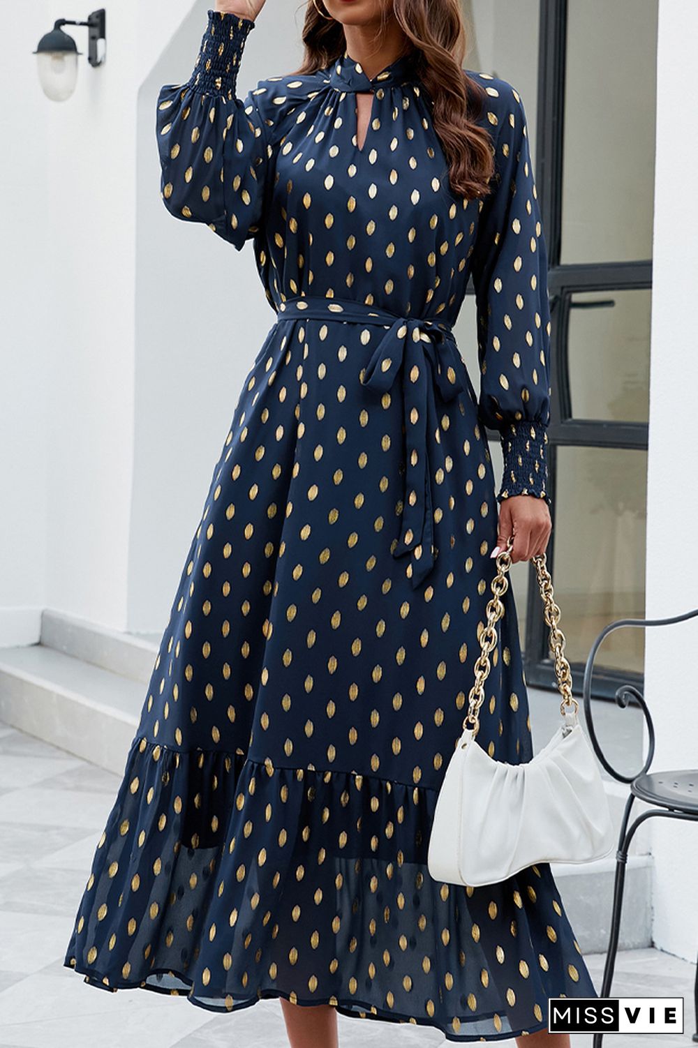 Twisted Collar Foil Spot Print Ruffles Maxi Dress