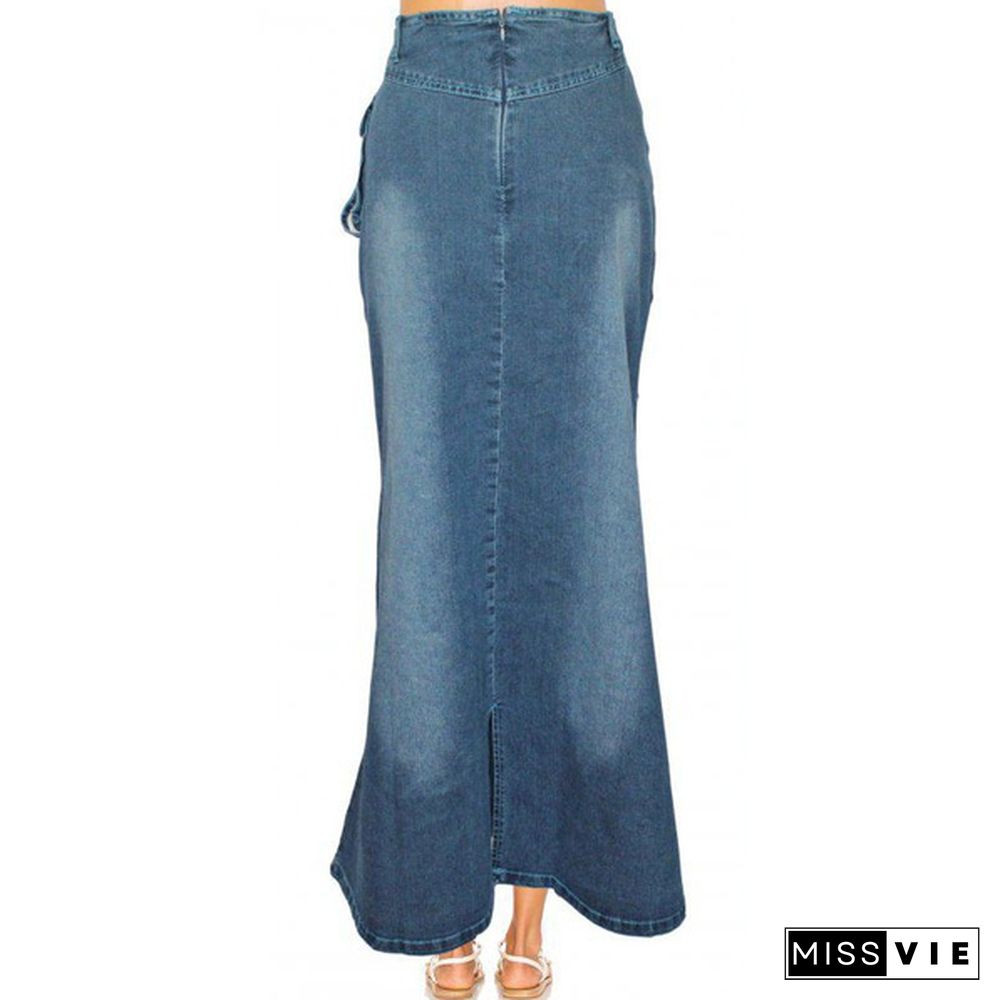 Women Fashion Casaul Stretch Cargo Denim Skirt Bell Skirt Floor Length Washed Denim Jeans Skirt Plus Size