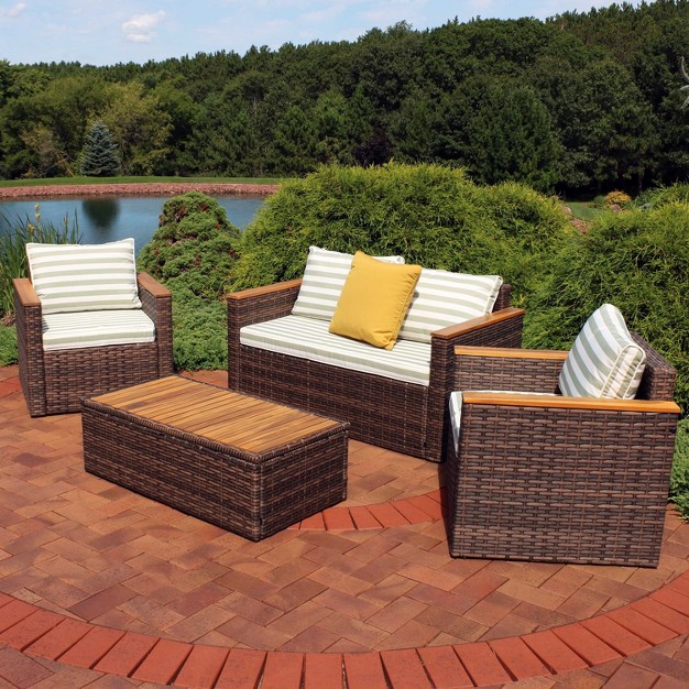 Sunnydaze Outdoor Rattan And Acacia Wood Kenmare Patio Conversation Furniture Set With Loveseat Chairs Table And Seat Cushions Green Stripe 4pc