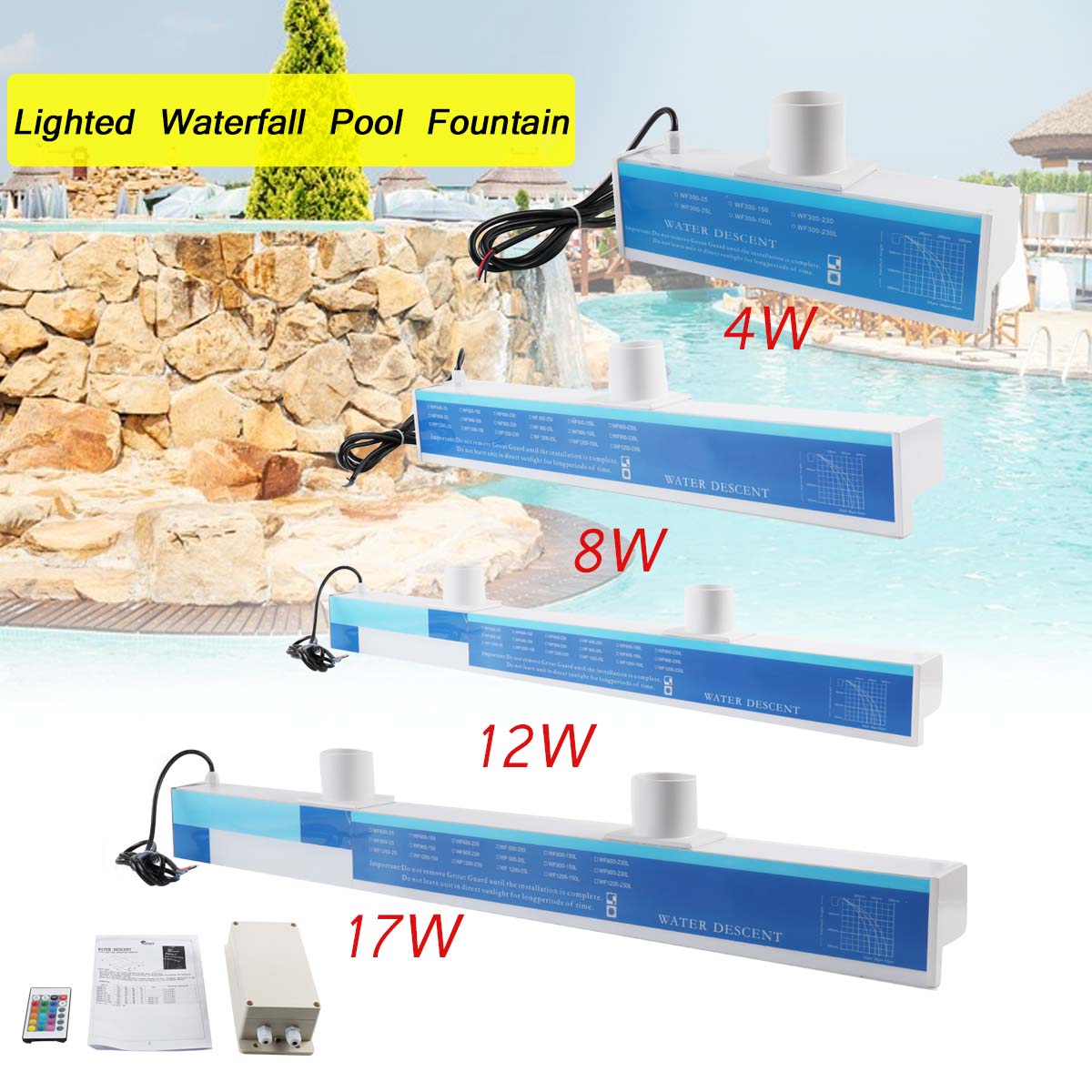 ECUTEE Pool Fountain with LED Strip Light 23.8 x 5.4 x 3 inch Rectangular Pool Waterfall Spillway for Garden