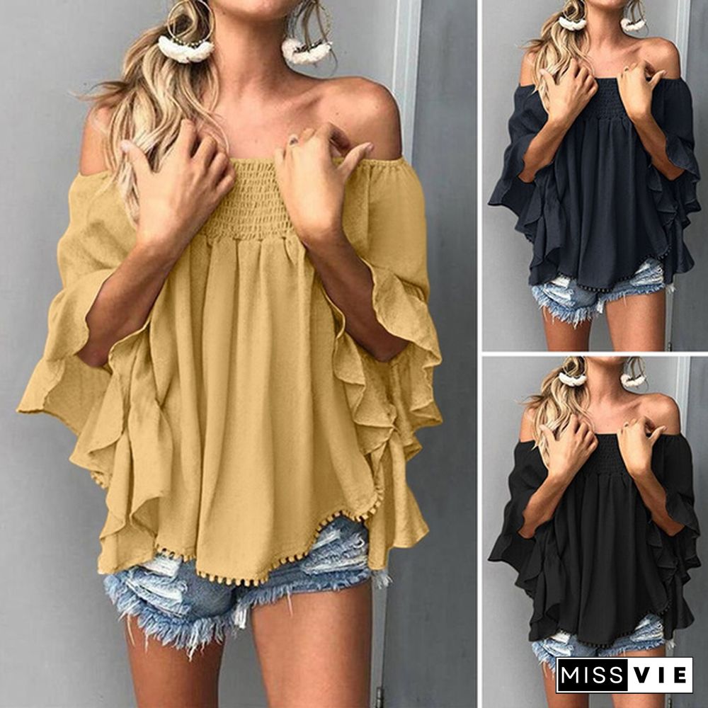 Women 3/4 Sleeve Off Shoulder Beach Plus Size Blouse Elegant Office Ladies Shirts Tops