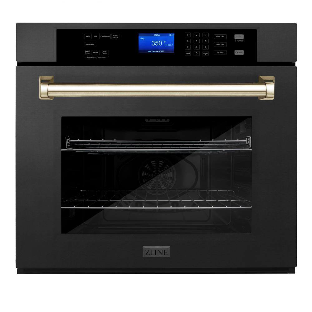 ZLINE Kitchen and Bath Autograph Edition 30 in. Single Electric Wall Oven with True Convection and Gold Handle in Black Stainless Steel AWSZ-30-BS-G