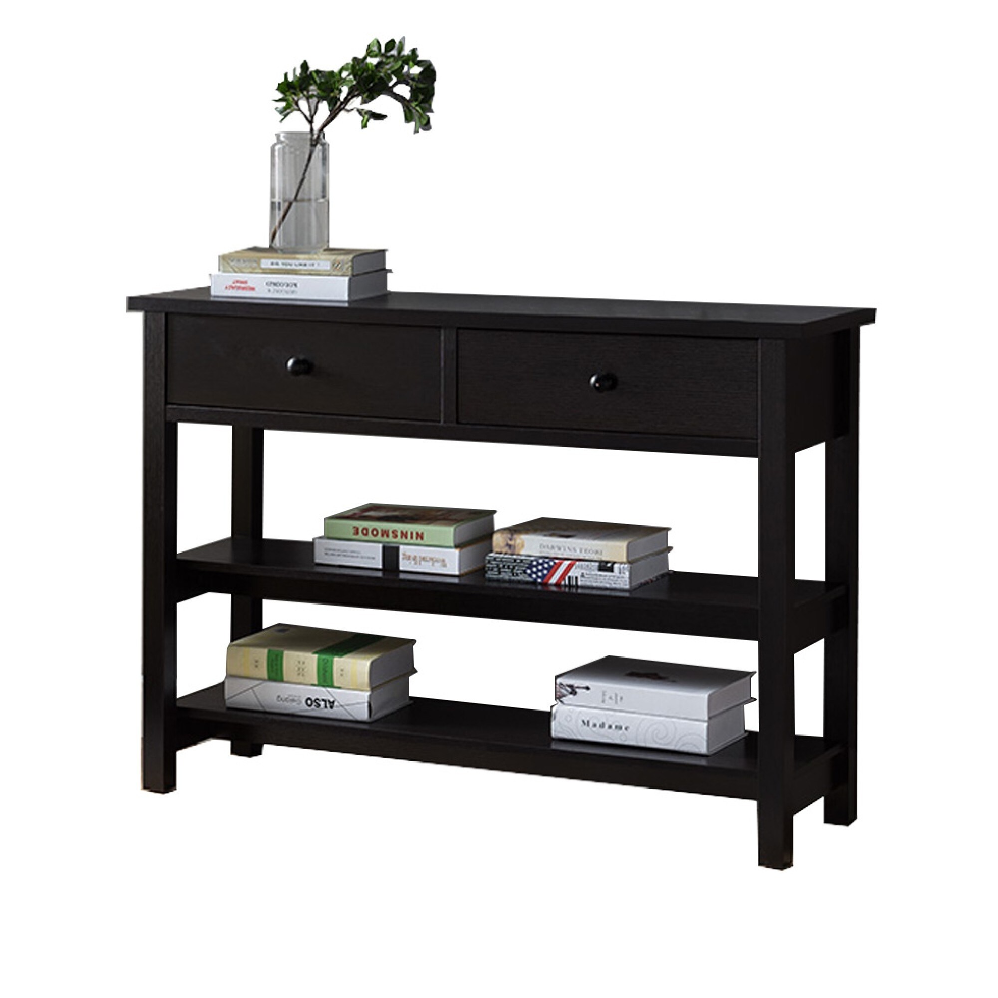 Two Drawer Console Table with Two Open Shelves and Block Legs， Dark Brown