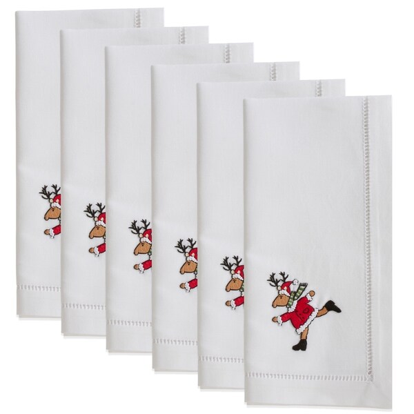 Cotton Napkins With Embroidered Running Reindeer Design (Set of 6)