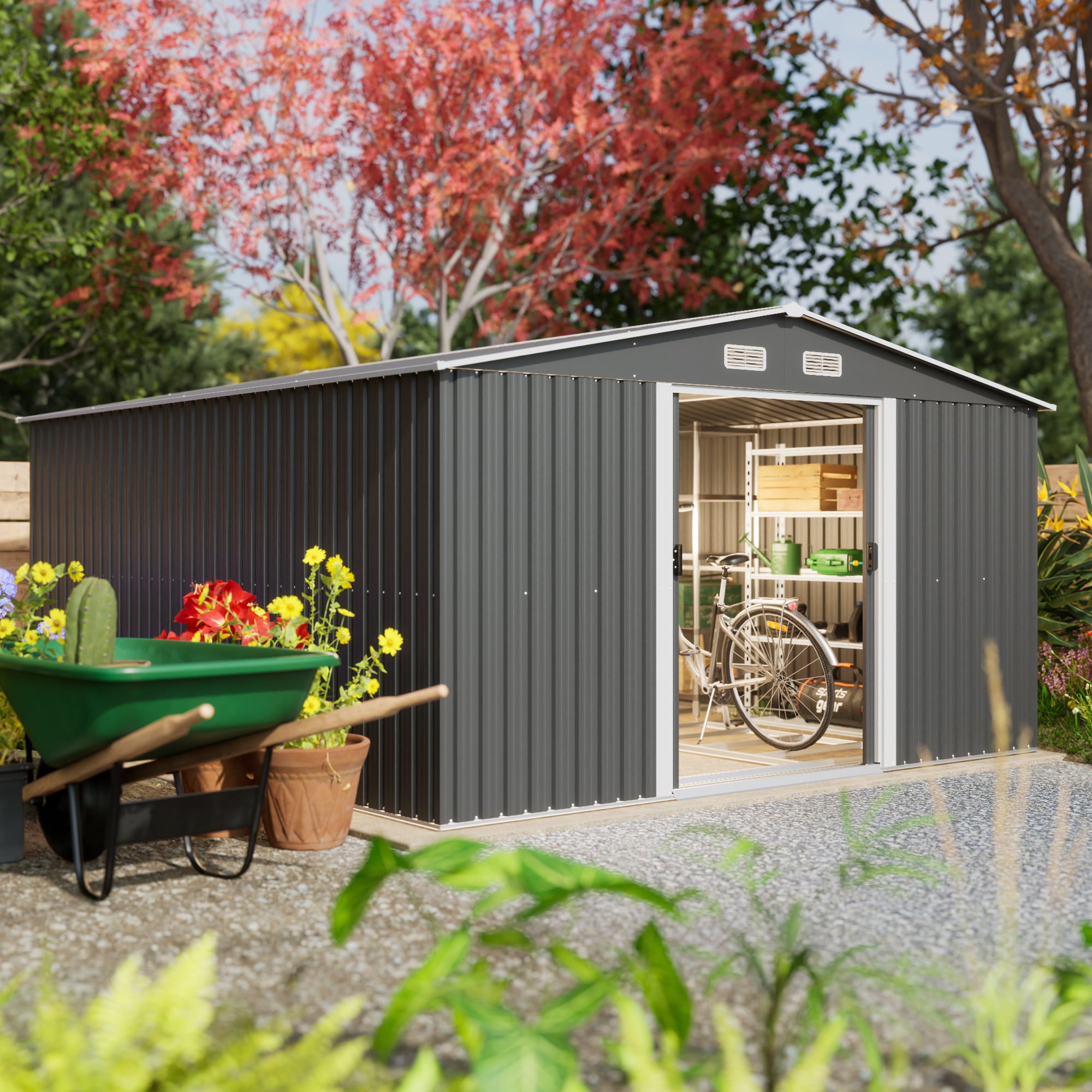 LZBEITEM 11 x 13 ft. Outdoor Metal Storage Shed，Galvanized Steel Garden Shed，Metal Garden Tool Shed with Double Lockable Sliding Doors for Backyard Patio Lawn,Black