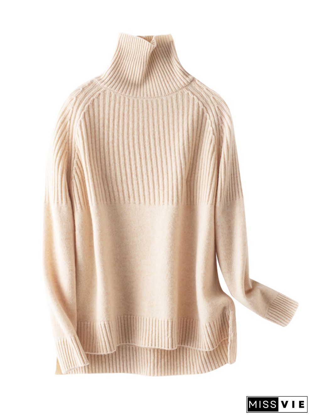 Casual Long Sleeves Loose Solid Color High-Neck Sweater Tops