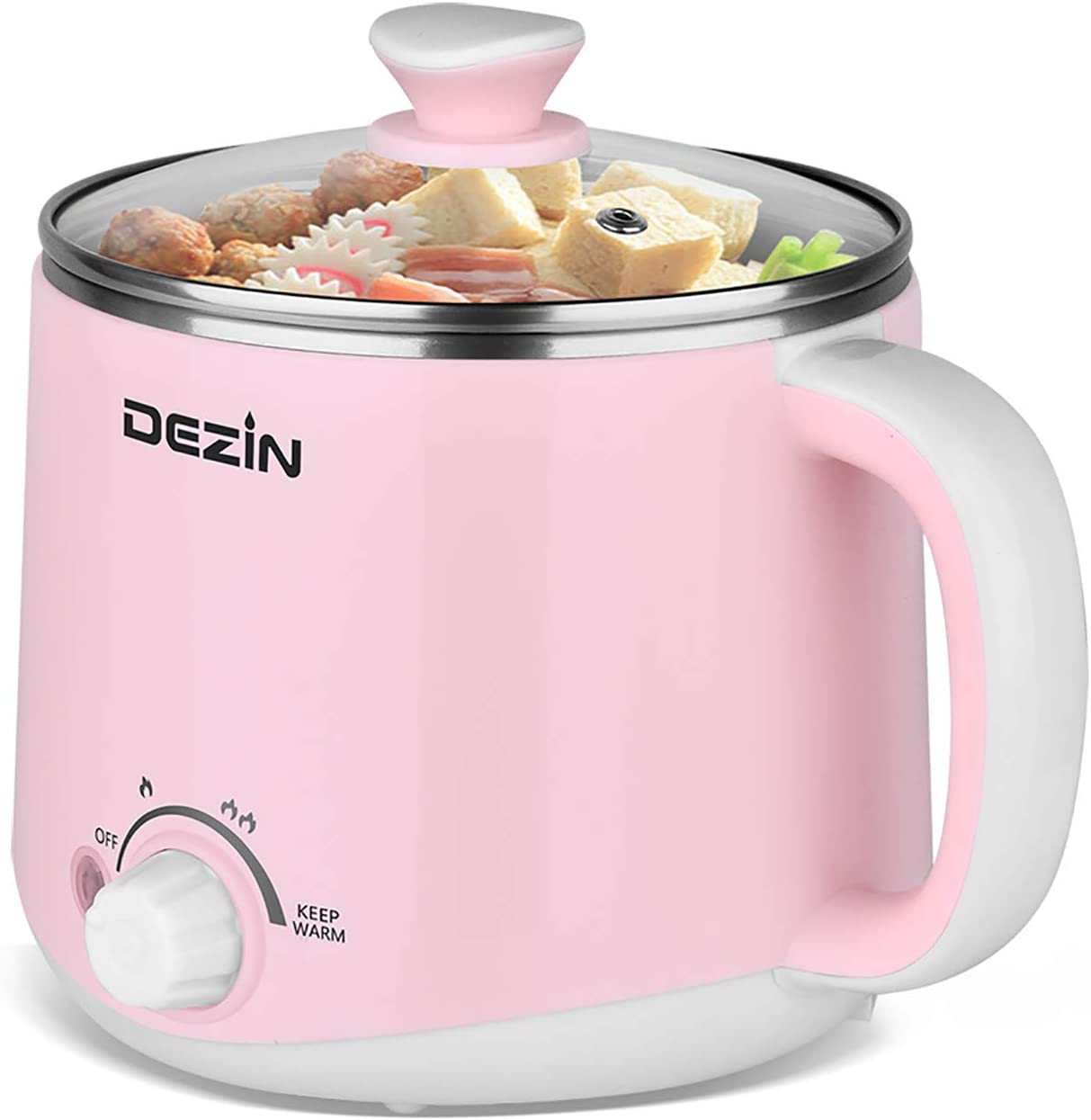 Dezin Electric Hot Pot， Rapid Noodles Cooker， Stainless Steel Mini Pot 1.6 Liter， Perfect for Ramen， Egg， Pasta， Dumpling， Soup， Porridge， Oatmeal with Power Adjustment and Keep Warm Function， Pink