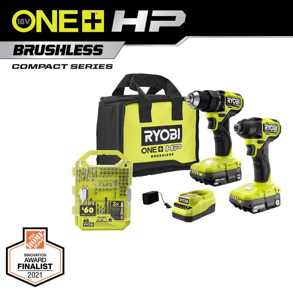 RYOBI ONE+ HP 18V Brushless Cordless Compact 2-Tool Combo Kit wDrill Impact Driver Batteries Charger Bag  65PC Bit Set PSBCK01K-A986501