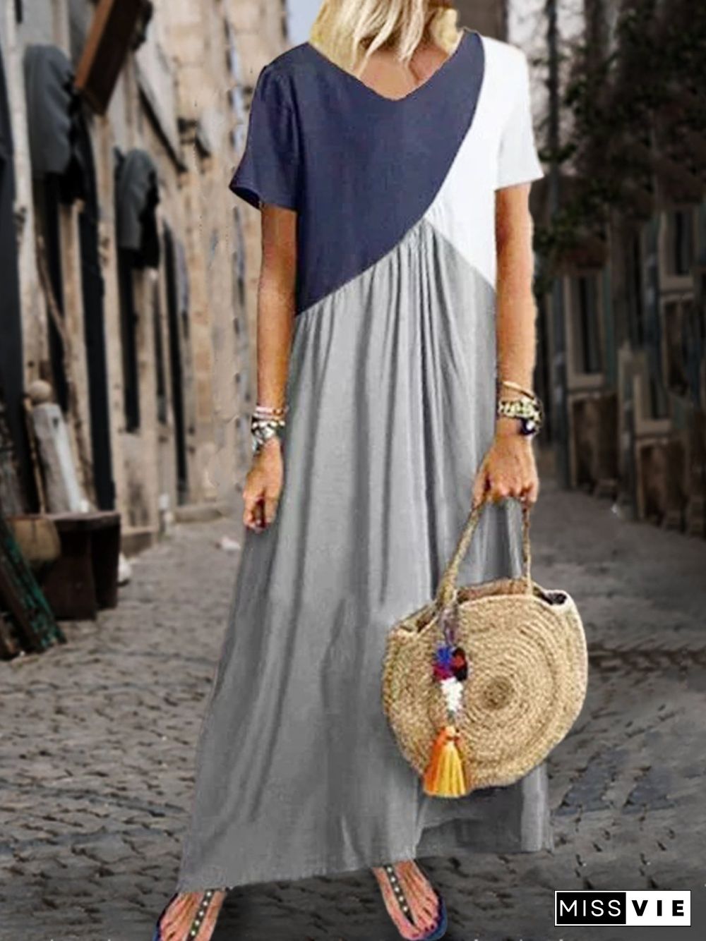 Women Casual Solid Color Cotton V Neck Plus Size Maxi Dresses