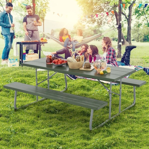 Folding Picnic Table Set with Metal Frame and AllWeather HDPE Tabletop，Umbrella Hole