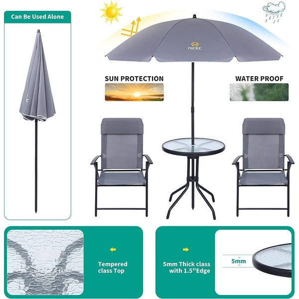 4Piece Bistro Set，Patio Dining Set，Garden Outdoor Table Set with Tilted Removable Umbrella，Glass Table，and 2 Folding Chairs