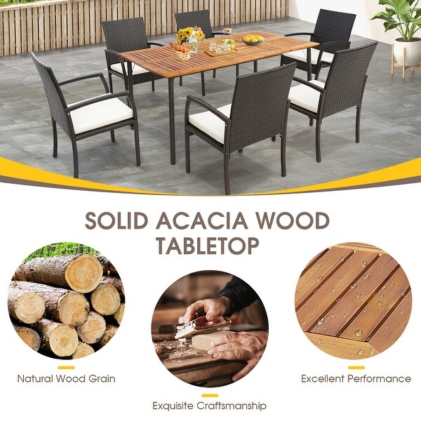 Patio Acacia Wood Dining Table with Umbrella Hole and Metal Legs