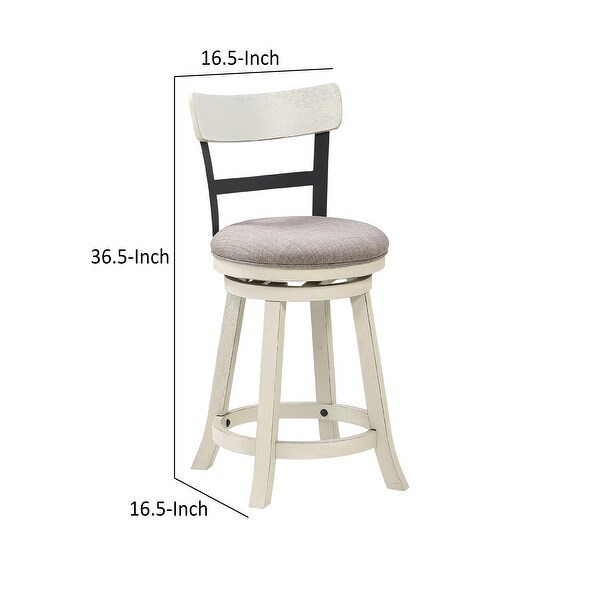 24 Inch Handcrafted 360 Degree Swivel Counter Stool， Curved Open Back， White Wood Frame， Cream Cushioned Seat