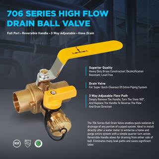 The Plumber's Choice 1-14 in. SWT High Flow Drain Ball Valve 3 Way Adjustable Flow Path Brass D928336