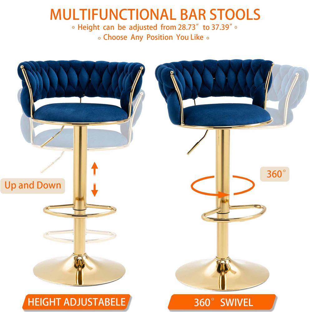 HOMEFUN 37.8 in. Swivel Adjustable Height Golden Metal Frame Cushioned Bar Stool with Navy Blue Velvet Seat (Set of 2) HFHDSN-882NY-2