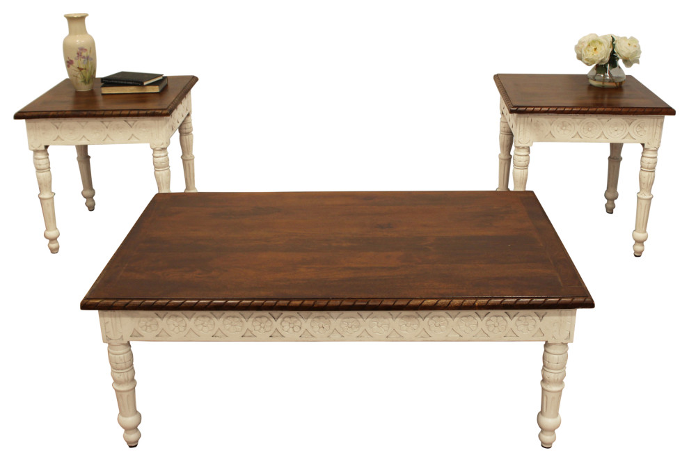 Bayliss 3 Piece Table Set With Handcarved Cocktail Table and 2 End Tables   French Country   Coffee Table Sets   by Moti  Houzz