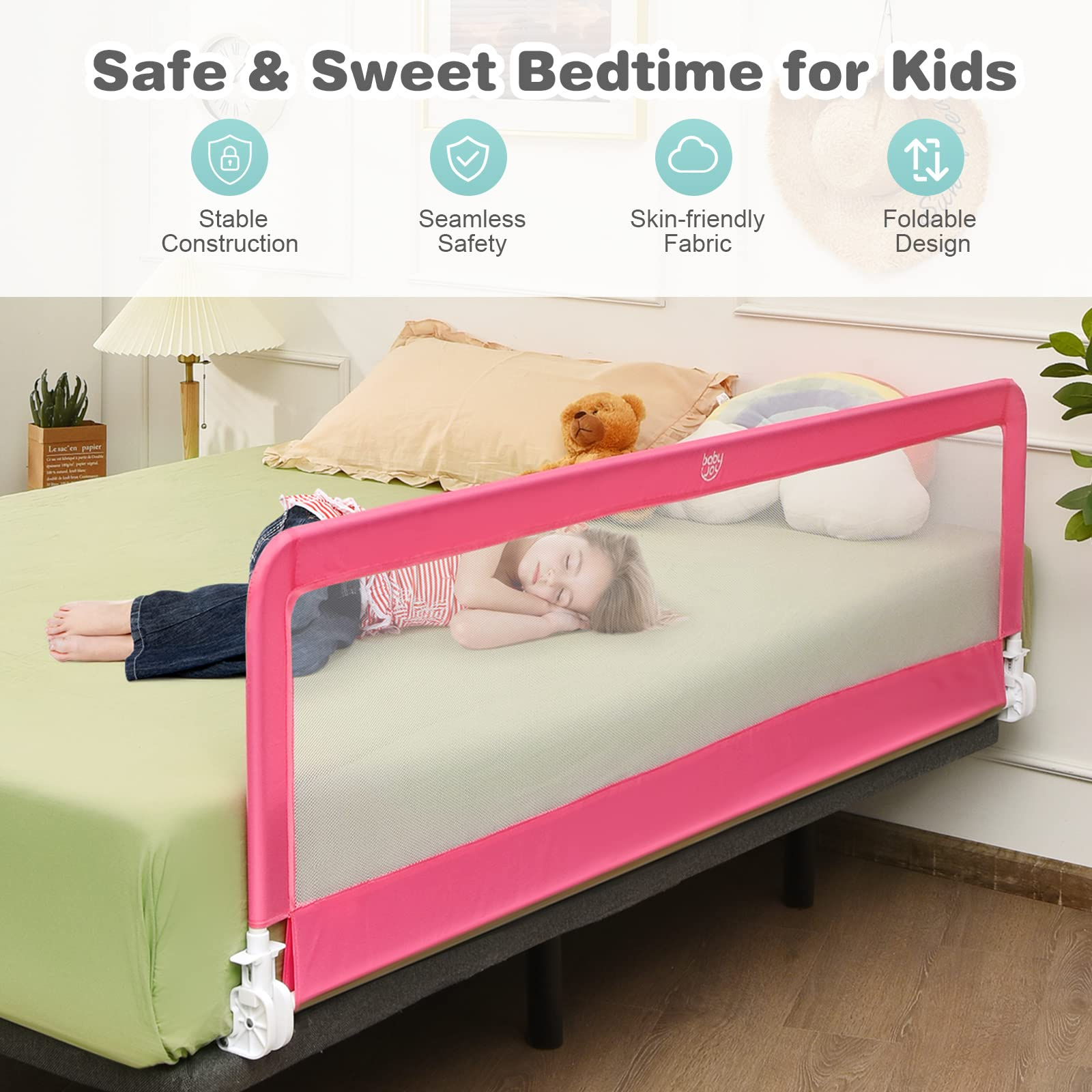 BABY JOY Bed Rails for Toddlers, 71'' Extra Long, Swing Down Bed Guard w/Safety Strap for Convertible Crib