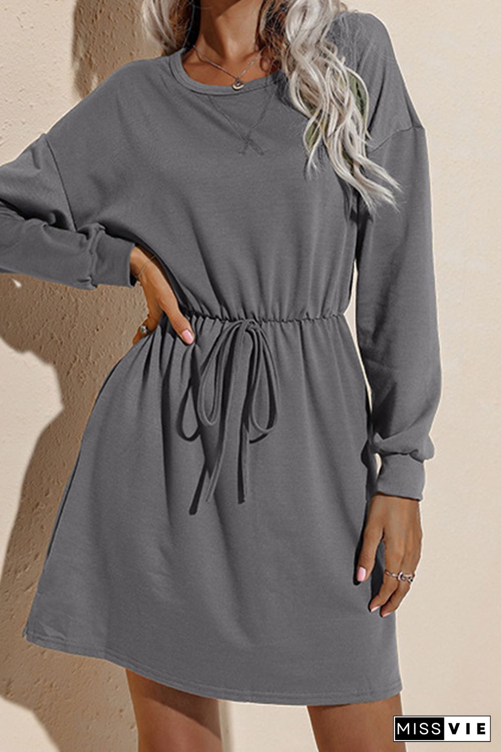 Solid Drawstring O-neck Long Sleeve Dress Women Wholesale