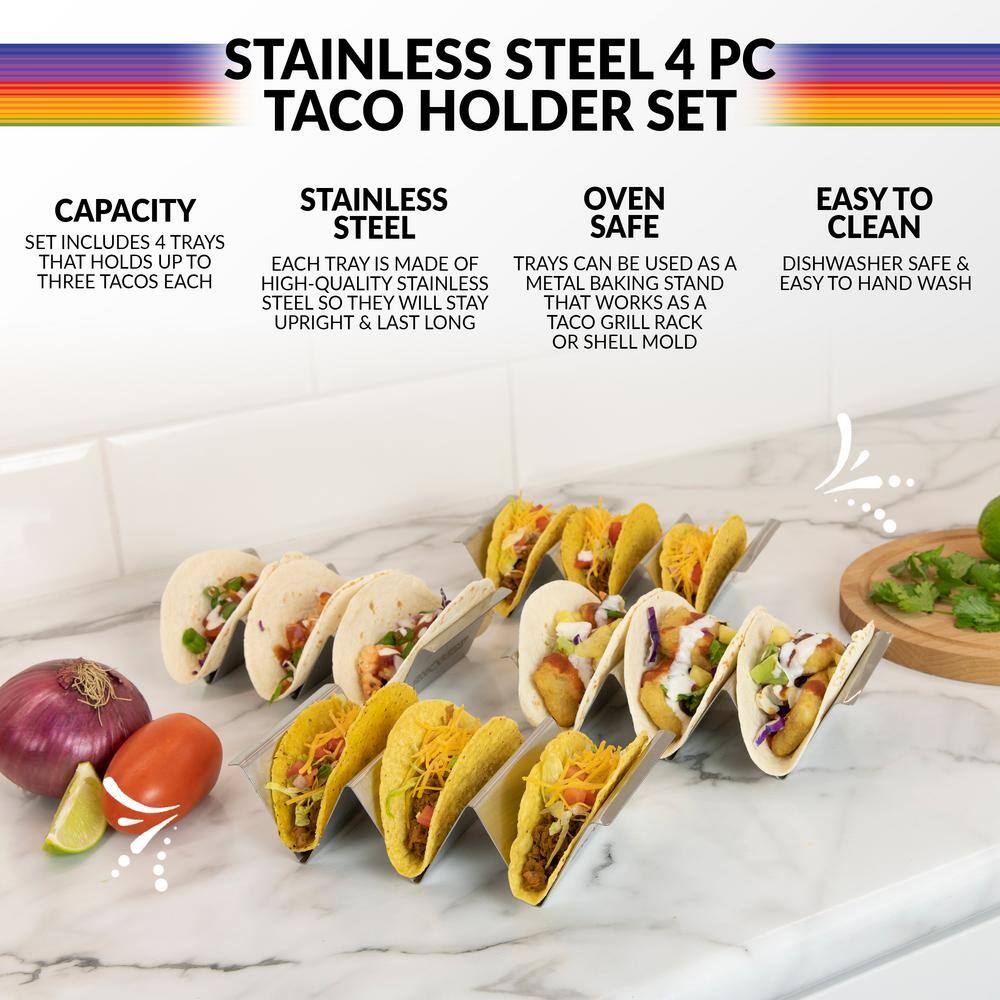 TACO TUESDAY 8.25 in. Stainless Steel Rectangular Taco Holder (Set of 4) TTTH4SS