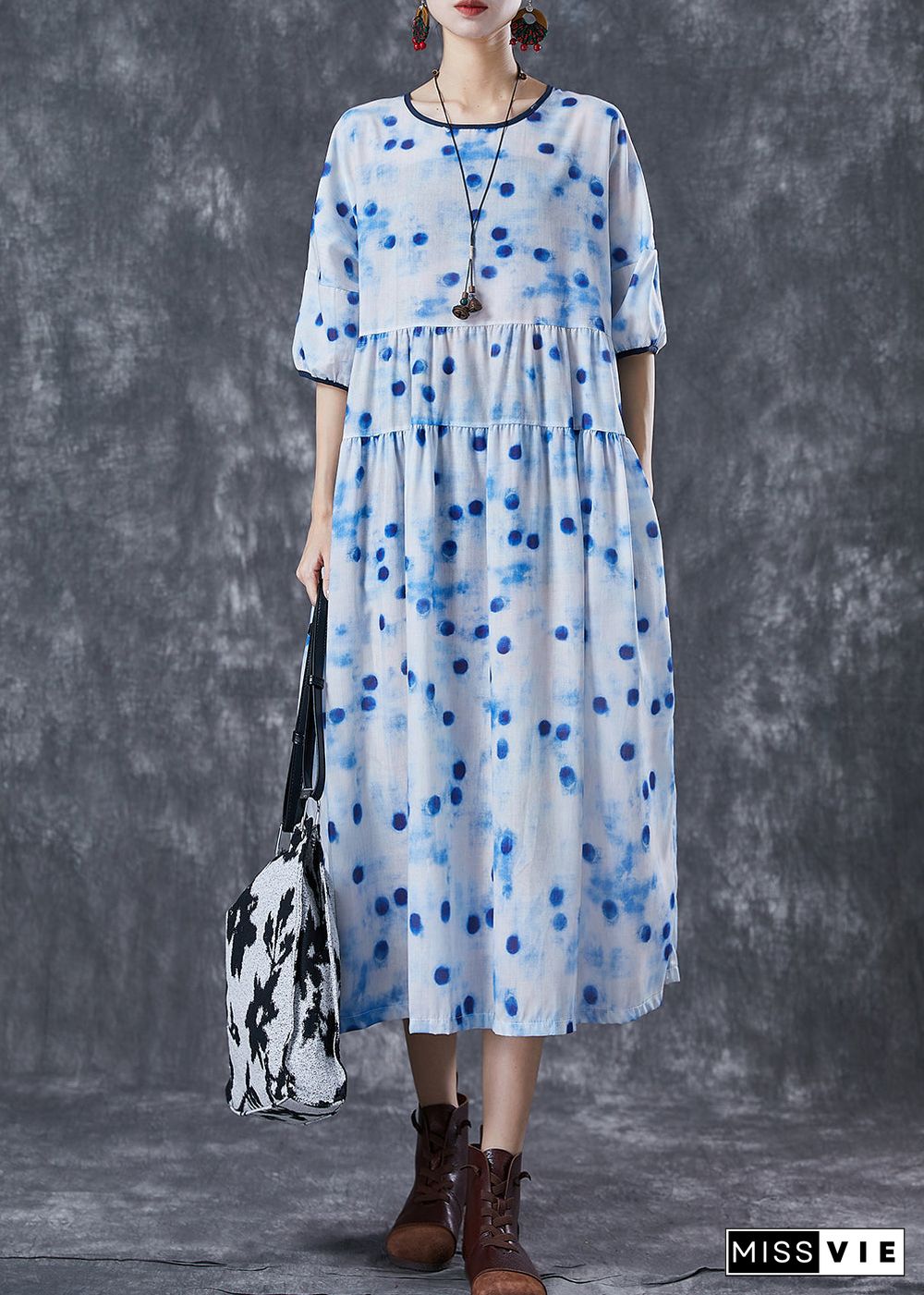 Elegant Blue Dot Oversized Patchwork Linen Maxi Dresses Summer