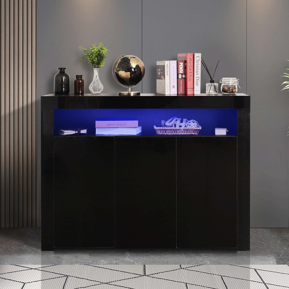 Modern Sideboard Storage Cabinet Black High Gloss with LED Light