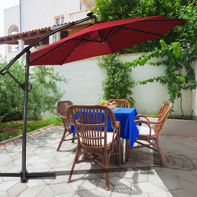 10 FT Patio Offset Umbrella with Solar Lights 360° Rotation Outdoor Market Umbrella with Crank Handle & Cross Base