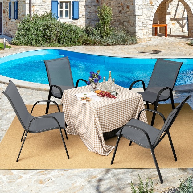 Costway Set Of 4 Patio Dining Chairs Stackable Armrest Space Saving Garden Brown grey