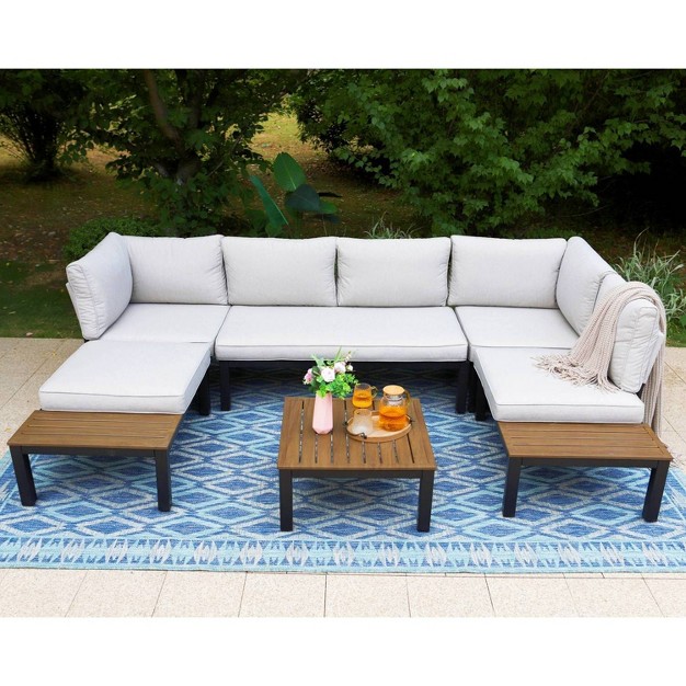 Captiva Designs 6pc Outdoor Conversation Set With Sectional Sofa Light Gray