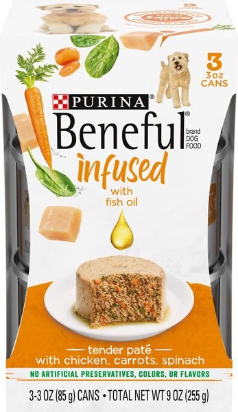 Purina Beneful Infused Pate With Real Chicken， Carrots and Spinach Wet Dog Food， 3-oz sleeve， case of 24