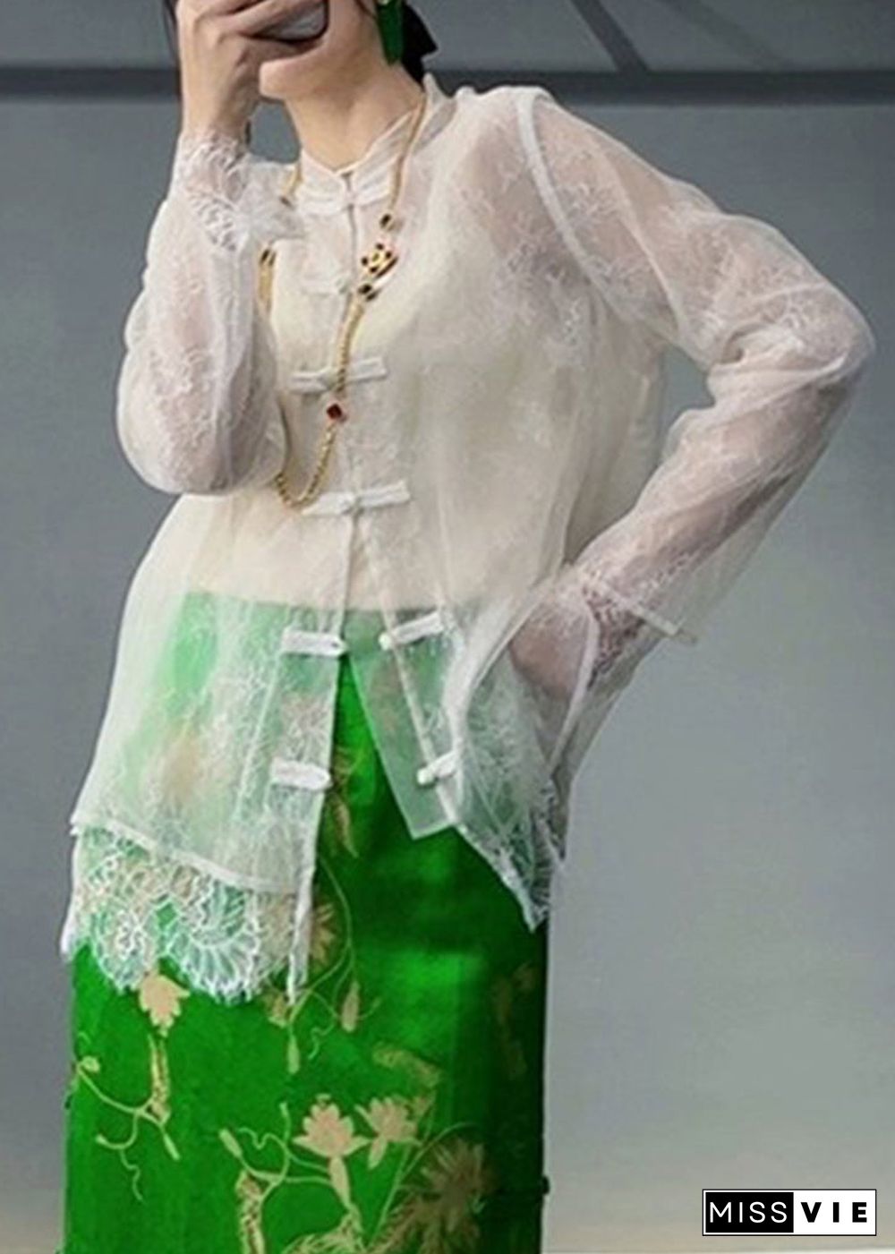 Unique White Button Lace Patchwork Tulle Shirt Fall