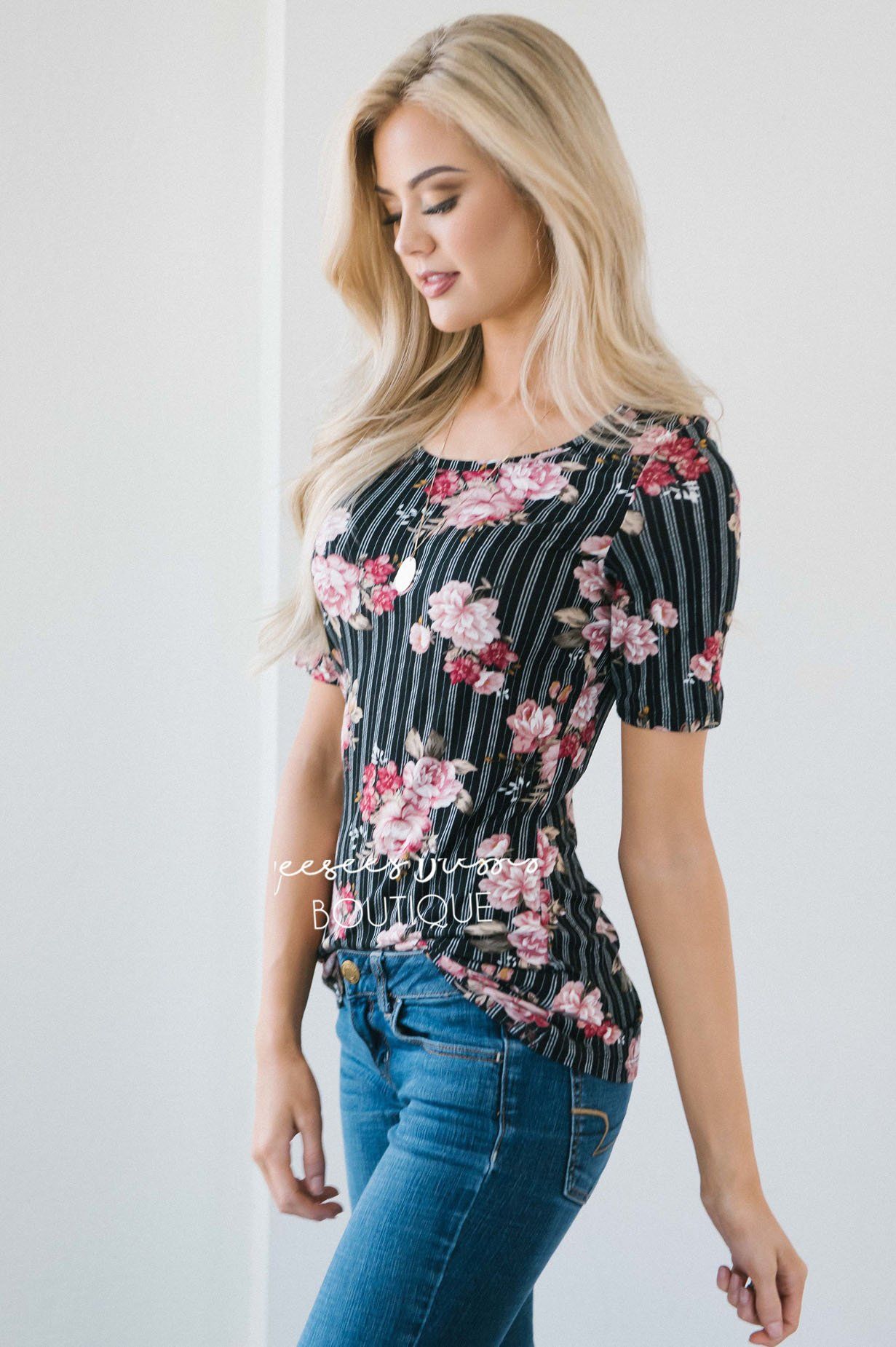 Black Pinstripe Floral Scoop Neck Top