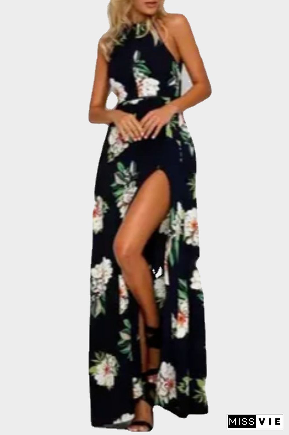 Elegant Floral Backless Slit Strap Design Halter Dresses(3 Colors)