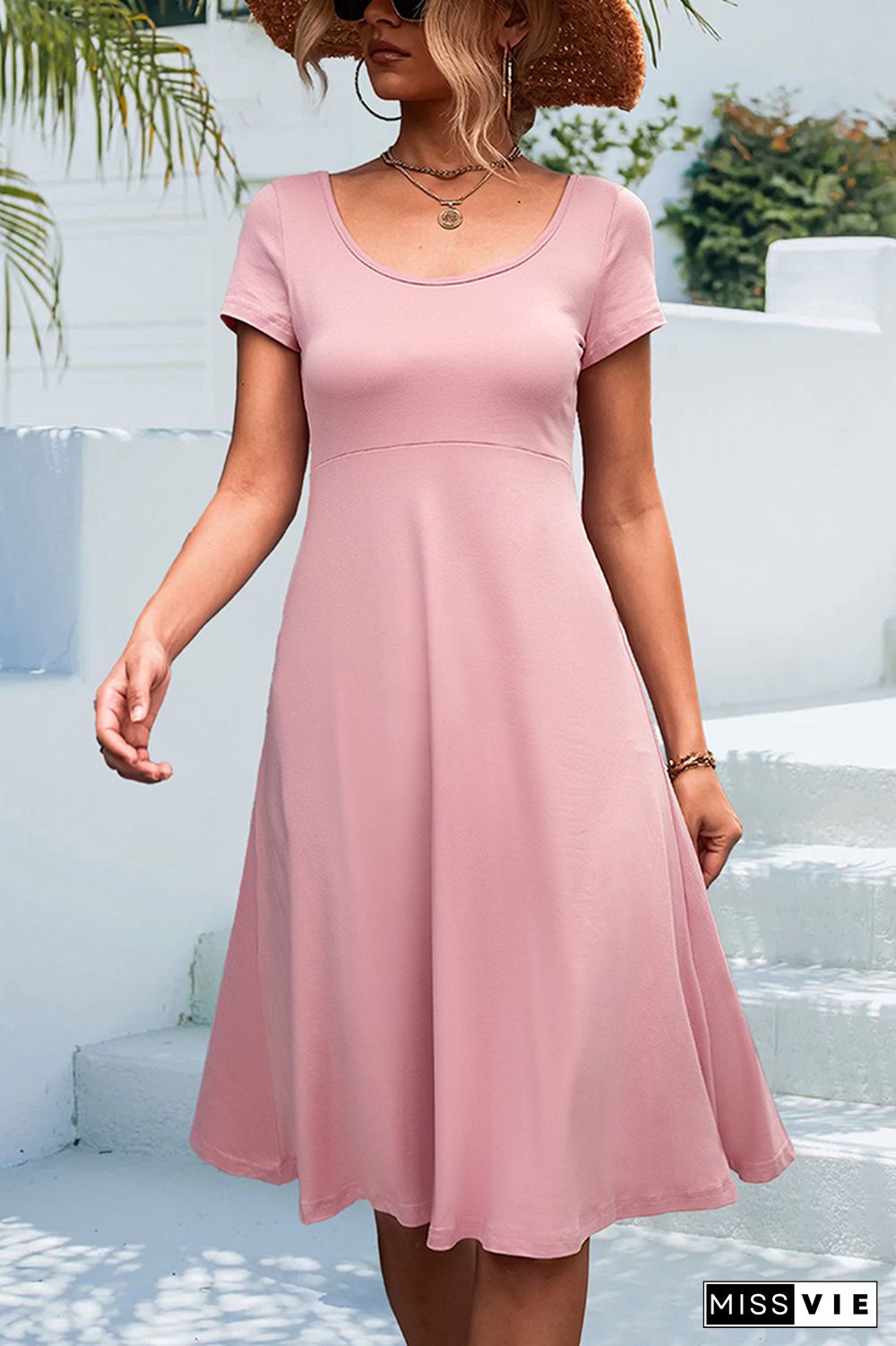 Plain Round Neck Short SLeeves Long Dress